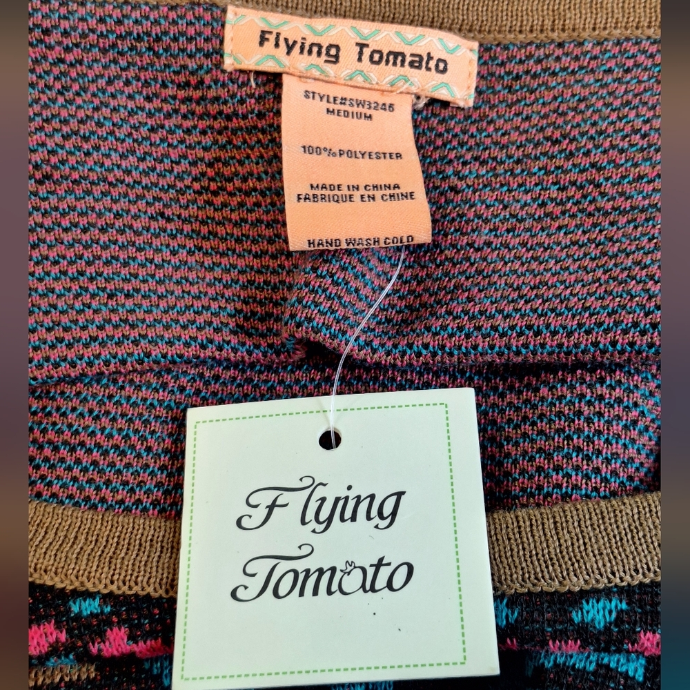 NWT FLYING TOMATO Multicolor Teal Pink Asymmetrical Midi Sweater Dress Medium - Picture 10 of 14